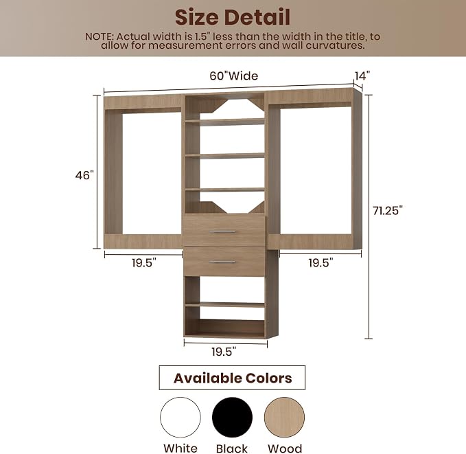 ROOMTEC Modular Closet System, 60" Wall Mounted Closet Organizer with Hanging Rods and Drawers, Wooden Tower for Walk-In Closets, Wardrobe Storage Kit, Wood
