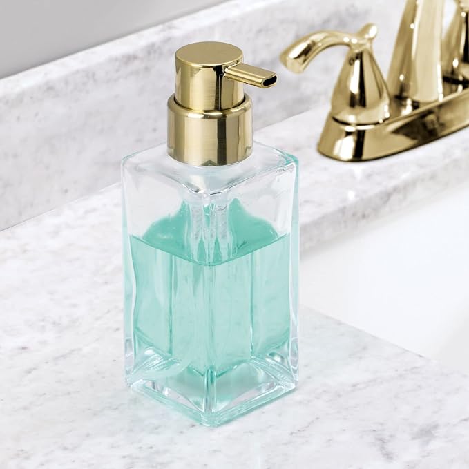 mDesign Glass Refillable Foaming Hand Soap Dispenser Modern Square Pump Bottle for Bathroom Vanities or Kitchen Sink, Countertops - 2 Pack - Clear/Soft Brass