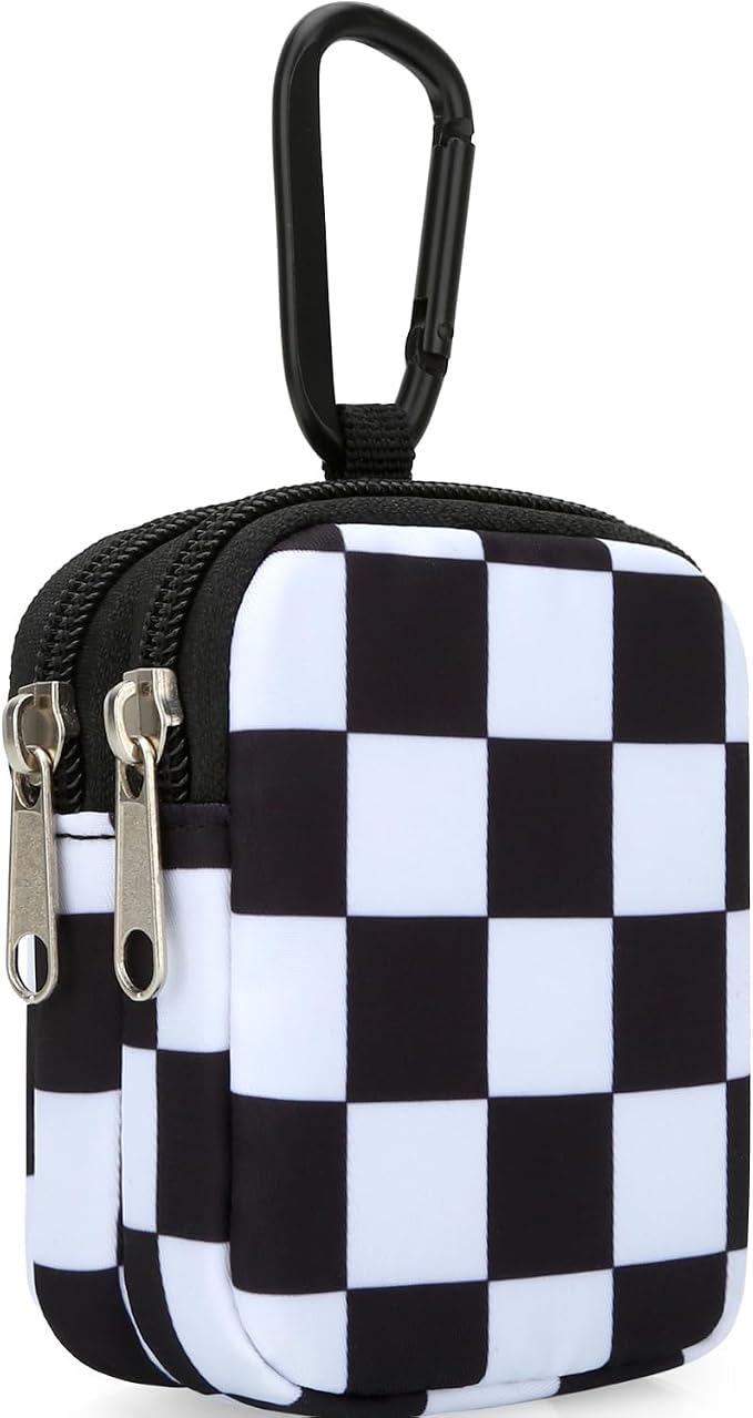E-Tree Coin Purse with Carabiner Clip, Dual Layer Card Case Holder, Mini Pouch for AirPod Earphone Keychain USB Cable,Wallet, Small Accessories Organizer Bag for Women and Men (Black Checkered)