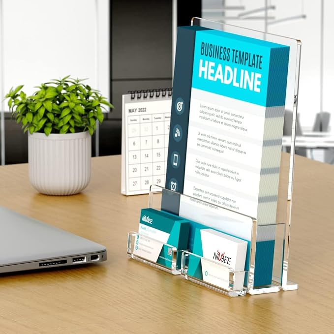 NIUBEE 6-Pack Acrylic Brochure Holder 8.5*11 inches , Clear Brochure Display Stand with Acrylic Business Card Holder, Plastic Flyer Display Stand for Magazine, Pamphlet, Booklets, Menu, Journals