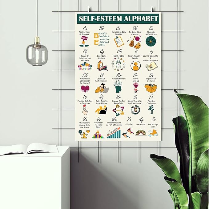 LOLUIS Mental Health Poster, Therapy Educational Supplies Art Print Classroom School Office Decor (Self Esteem Coping Skills Alphabet, Custom Frame Type)