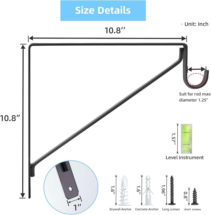 6-Pack Closet Rod Bracket, 10.8x10.8Inch Closet Shelf Brackets Heavy Duty Wall Mounted, Matte Black Steel Closet Rod Support Brackets Holder, 300 Lbs Load Capacity with Anchors Screws