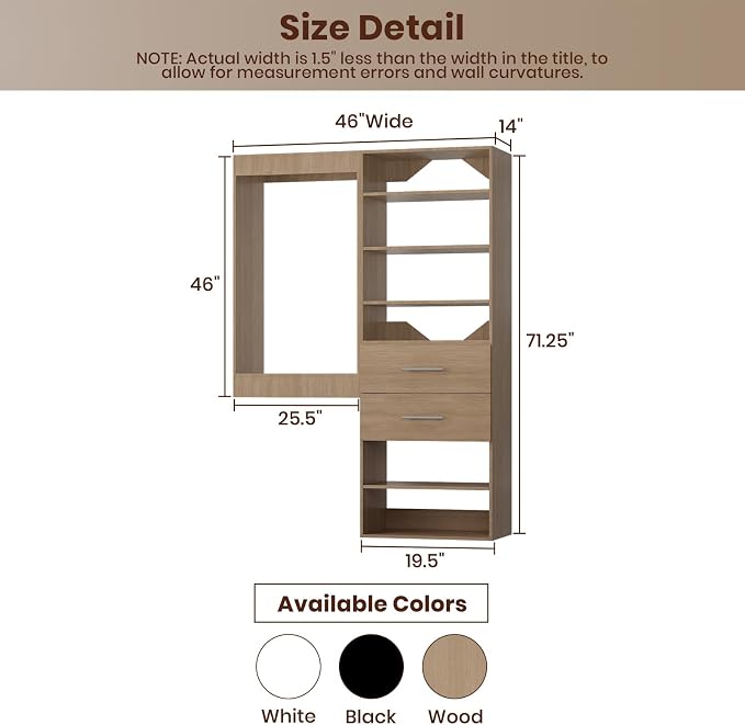 ROOMTEC Modular Closet System, 46" Wall Mounted Closet Organizer with Hanging Rods and Drawers, Wooden Tower for Walk-In Closets, Wardrobe Storage Kit, Wood