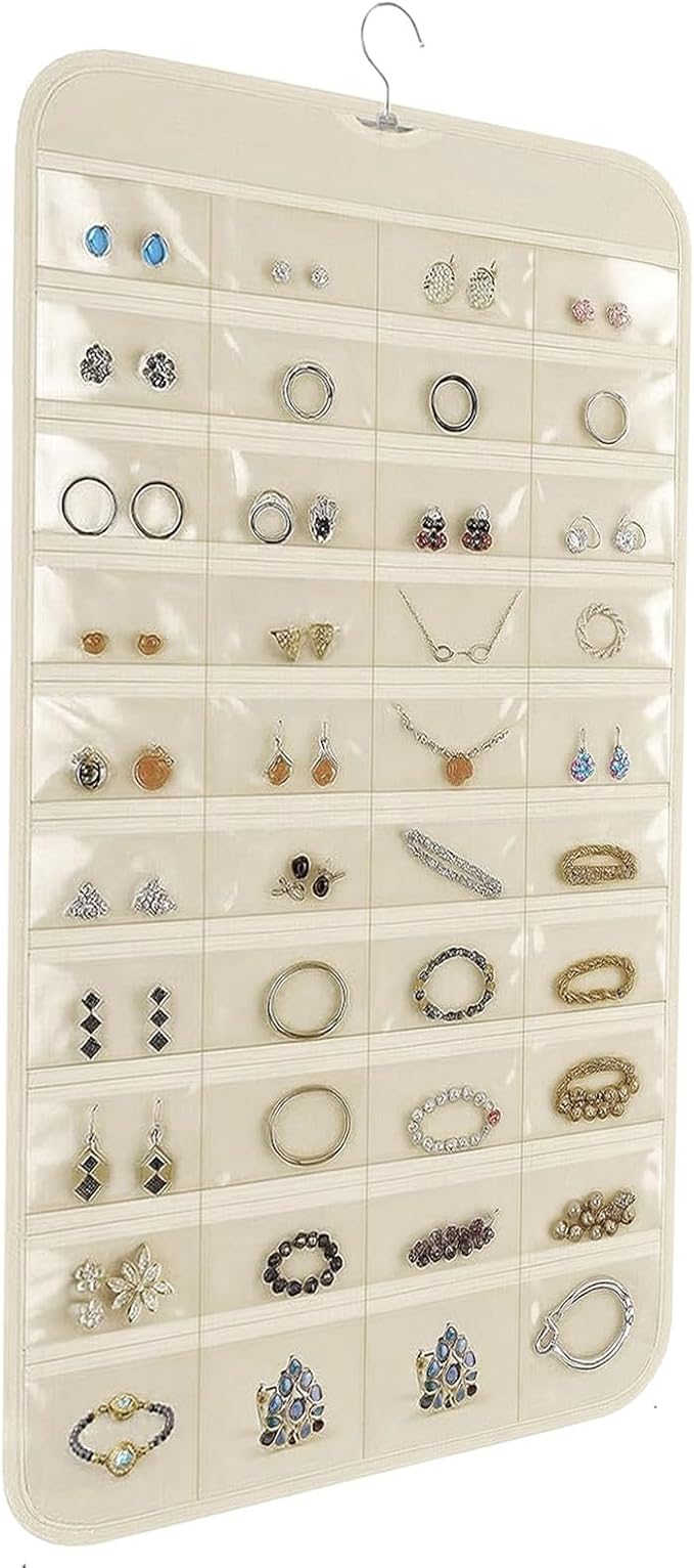 Hanging Jewelry Organizer, Beige, 80 Pocket | Double-Sided, For Earrings Necklace Bracelet, Clear PVC Window, For Closet, Door, Wall, Travel