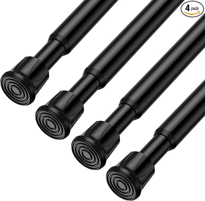 Spring Tension Curtain Rods 28-48 Inch Black 4 Pack | No-drill & tool-free setup. Fits windows, kitchens, doorways. Rust-resistant, great for light curtains.
