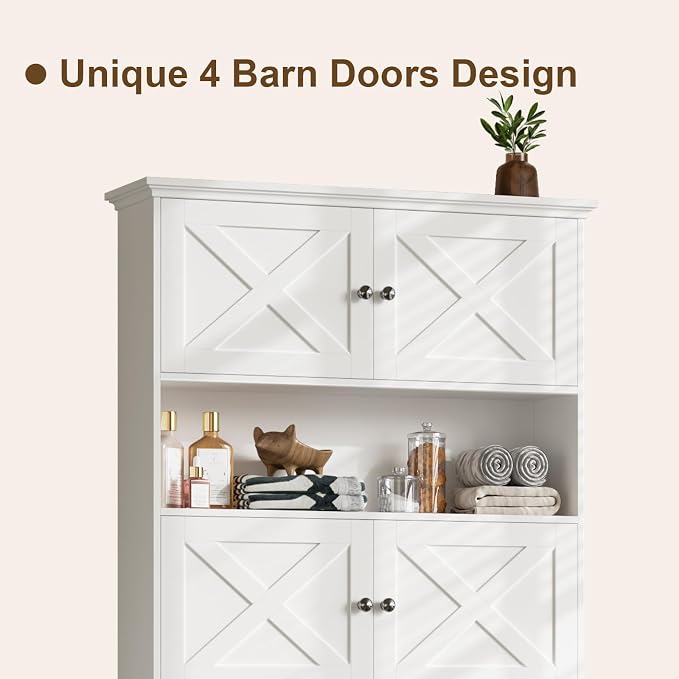 Halitaa Over The Toilet Storage Cabinet with Doors & Paper Holder, White | Halitaa Farmhouse Toilet Shelf Home Space Saver with 4 Barn Doors & Toilet Paper Holder Stand for Restroom, Bathroom, Laundry