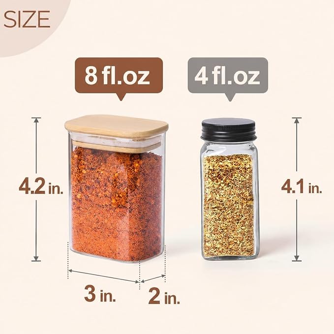 ComSaf Spice Jars 8oz Set of 6, Small Seasoning Containers with 9 Labels | Glass Spice Jars With Labels, Rectangle Small Jar, Spice Rack Organization, Loose Tea, Herbs, Powders, Dry Goods, BPA Free