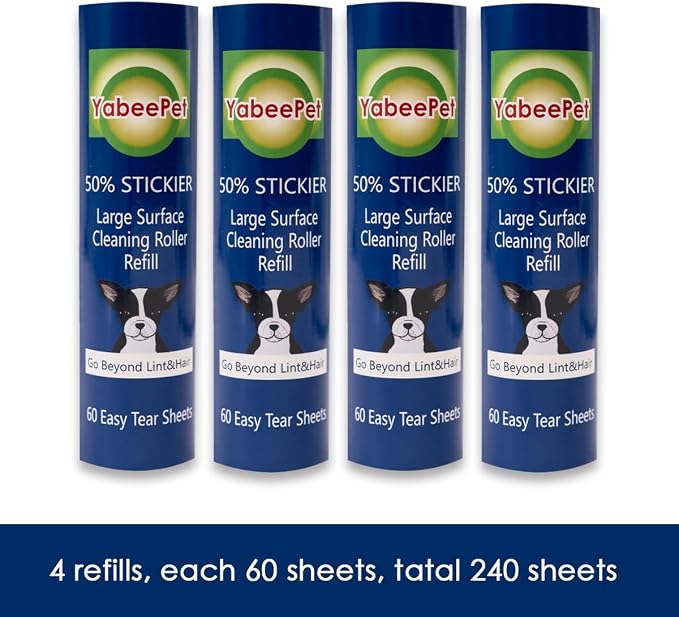8 inch Large Surface Roller Refill for Scotch-Brite 50% Stickier Lint Roller, Works Great On Pet Hair (60 Sheets per Roll, 4 Pack)