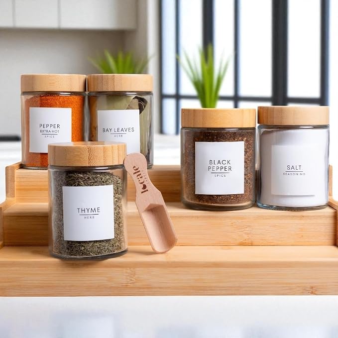 Glass Spice Jars & Labels- 8oz with Bamboo Lids - Spice Containers with 360 labels, Bamboo Lids & Measuring Spoons - Pantry Organization Storage Set for Spices Herbs Seasonings (15)