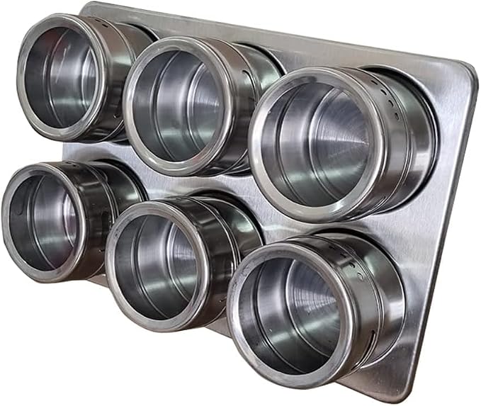 Stainless Steel Magnetic Spice and Condiment Organizer Kit – 6-Piece 75ml (2.5 oz) Seasoning Jars with Adjustable Pour Vents, Leak-Proof Magnetic Holder for Kitchen Countertops or Refrigerator Storage