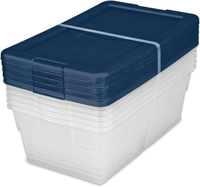 Sterilite Set of 30 Storage Boxes, Clear Plastic Stackable Containers, Lightweight Home Organizers with Snap Lids, 6 Quart, Marine Blue