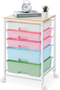SYKIARIOL Utility Cart with 5 Drawers,Storage Drawer Cart with Wooden Tabletop and Lockable Wheels,Craft Storage Trolley Cart,5-Tier Rolling Utility Cart on Wheels,Rainbow