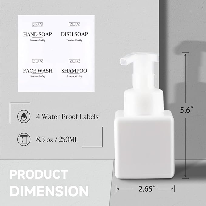 250ML Foaming Soap Dispenser, 2-Pack Plastic Hand Soap Dispenser, Refillable Leakproof Foam Pump Bottle with Waterproof Labels, for Shampoo, Body Wash