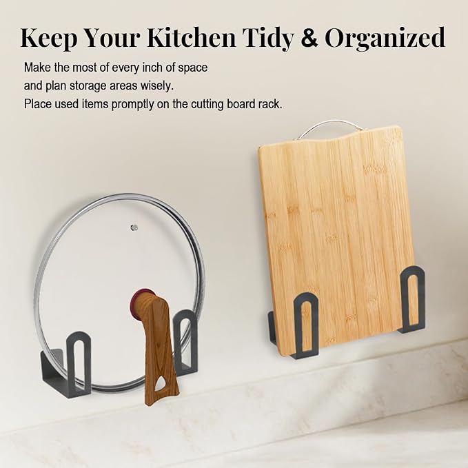 Under Cabinet Cutting Board Holder, 4 Pack Cutting Board Organizer for Cabinet, No Drill Pot Lid Rack for Slim Boards, Baking Sheets, Trays, Stainless Steel