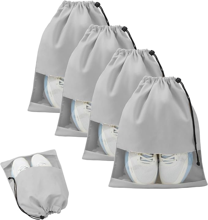 4 Pcs Shoe Bags for Travel with Clear TPU Window, 13.8"x17.7" Dustproof Travel Shoe Bags, Drawstring Travel Shoe Storage Bags for Men & Women (Grey)