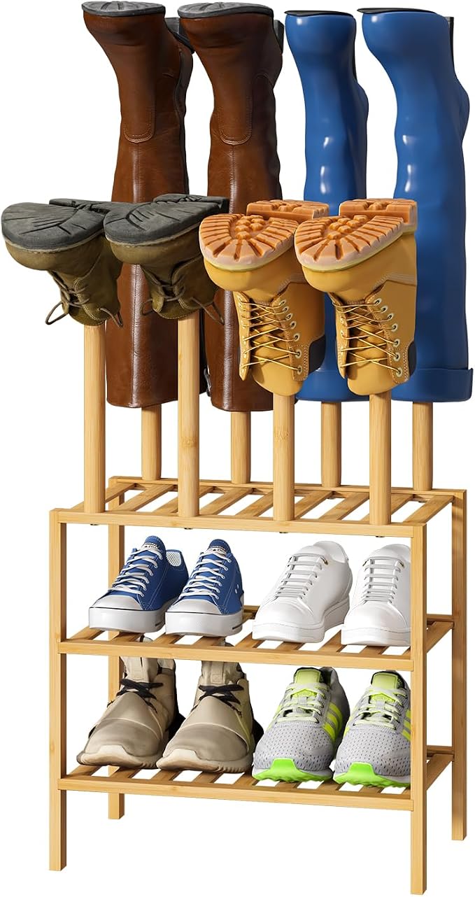 viewcare Small Boot Rack with Shoe Rack, Boot Rack Organizer Tall Boots for Closet, Bamboo Wood Shoe Shelf Storage Organizer for Entryway Small Space