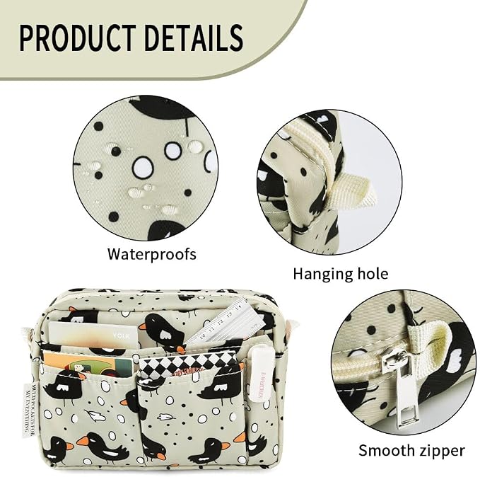 E-WEICHEN Multiple Pockets Portfolio Organizer with Zippered, Makeup Bag Travel Essentials for Women, Simple Waterproof Stationery Pencil Pouch Bag for Journal Office Art Supplies.Beige Bird