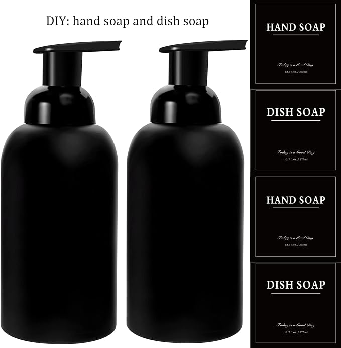 rejomiik 2 Pack Foaming Thick Glass Foam Hand Soap Dispenser for Bathroom or Kitchen Sink, 13 oz Pump Bottles for Hand soap, Body Wash, Matte Black