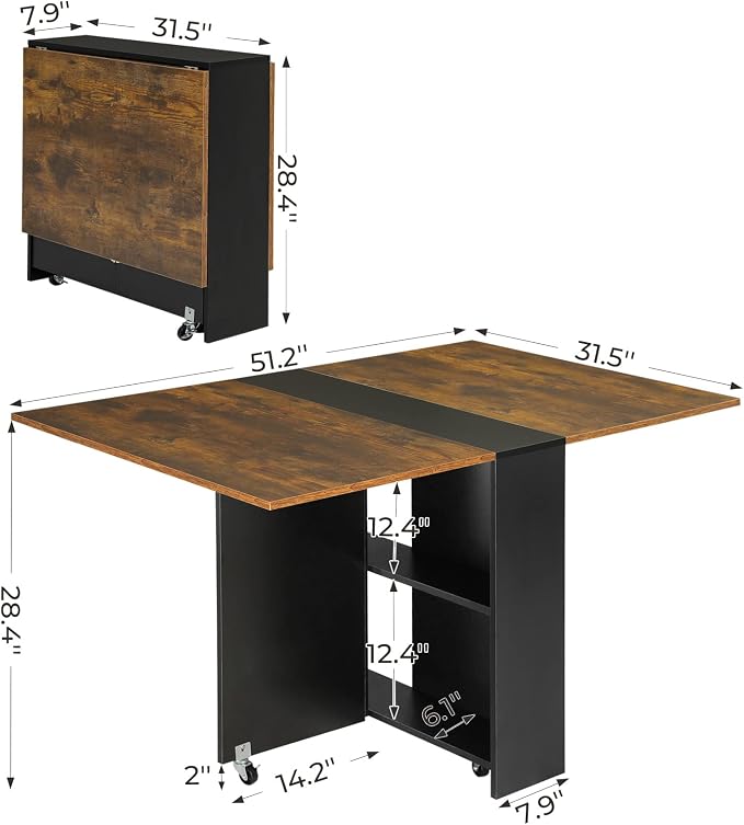Tiptiper Folding Dining Table with 6 Wheels, Drop Leaf Tables for Small Spaces, Foldable Dining Table with 2-Layer Storage Rack, Folding Kitchen Table, Rustic Brown and Black