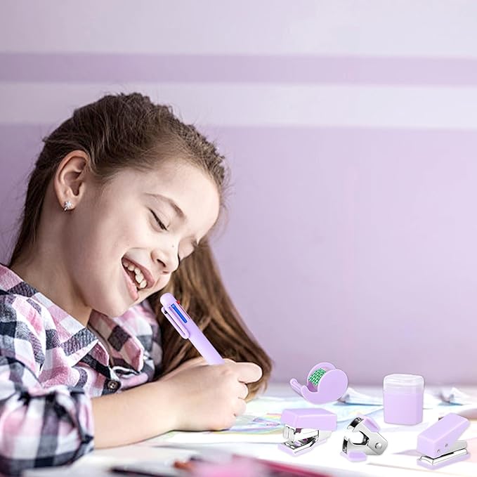 Mini Office Supplies, Purple School Supplies with Sticky Notes,Mini Stapler,Tape Dispenser,Hole Punch,Staple Remover,Staples,Clips,Scissor,Pen (Purple)