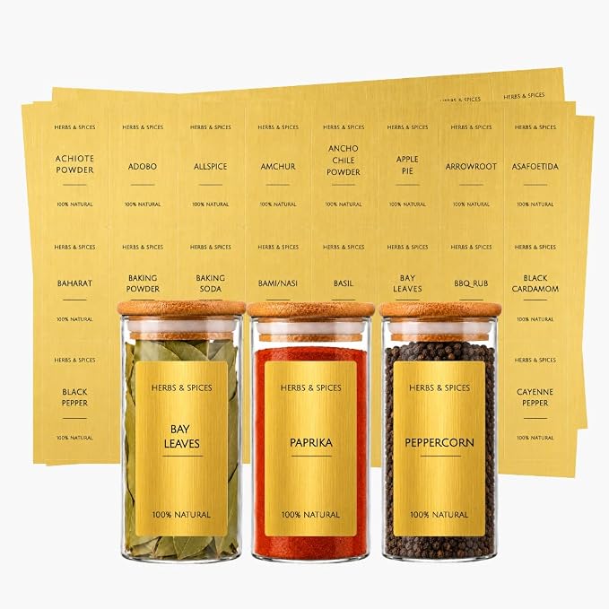 Spice Labels - 168 Aesthetic Gold Spice Labels for Jars - Waterproof Stickers for Spice containers - Preprinted Minmalist Oilproof Herbs & Seasoning Labels