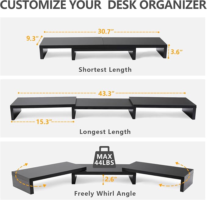 TAVR Monitor Stand Riser, Office Desktop Organizer Stand for 2 Monitors | Adjustable Length and Angle 3 Shelf, Extra Long Multifunctional Wooden Stand up to 43.3" fit Computer, Laptop, TV, Black