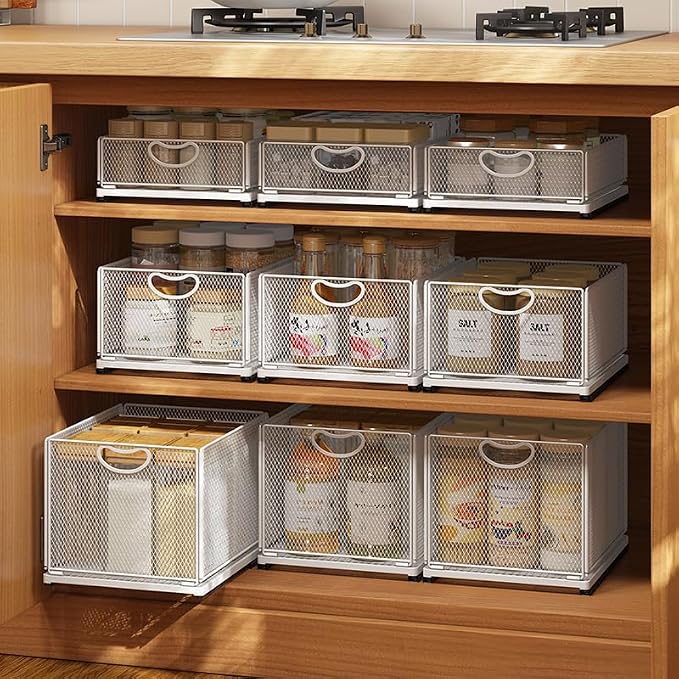 Pull out Cabinet Organizer Fixed with Adhesive Nano Film Heavy Duty Slide out Pantry Shelves Drawer Storage under sink organizer Sliding Mesh Cabinet Basket with Handle for Kitchen (Extended Small)