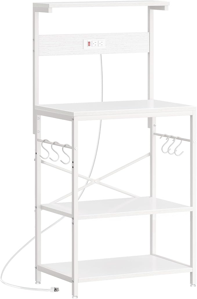 SUPERJARE Kitchen Bakers Rack with Power Outlet, Coffee Bar Table 4 Tiers, Kitchen Microwave Stand with 6 S-Shaped Hooks, Storage Shelf Rack for Spices, Pots and Pans - White