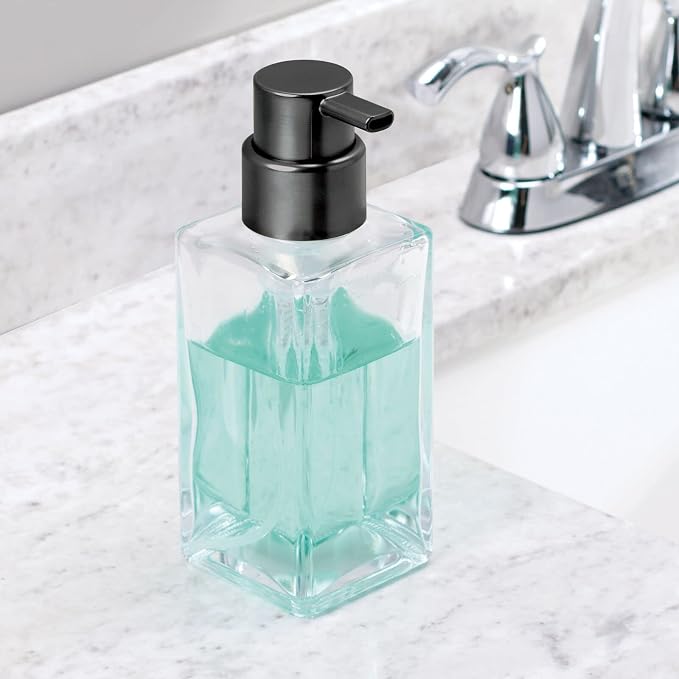 mDesign Glass Refillable Foaming Hand Soap Dispenser Modern Square Pump Bottle for Bathroom Vanities or Kitchen Sink, Countertops - 2 Pack - Clear/Black