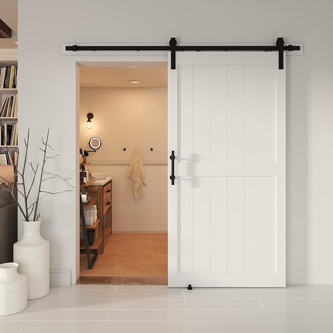 40''x 80'' Sliding Barn Door with 7 Ft Barn Door Hardware Kit | Fits Max 38''x78'' Opening, Pre-Drilled Holes Easy Assembly Water-Proof PVC Surface, H-Frame, White