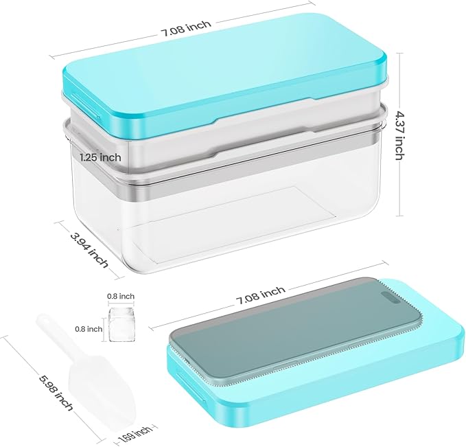 0.8“ Ice Cube Tray with Lid and Bin, PHINOX 56 Cubes Ice Trays for Freezer, Ice Cube Trays for Freezer with 2 trays, Container, Lid & Ice Scoop, BPA Free, Blue(28Cubes/Tier)