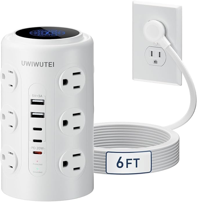Tower Power Strip with 1 Dedicated PD 20W Fast-Charging Port, 12 Outlets, 5 USB Ports (3 USB-C), Desk Charging Station for Multiple Devices, 6FT Extension Cord, Home Office Essentials