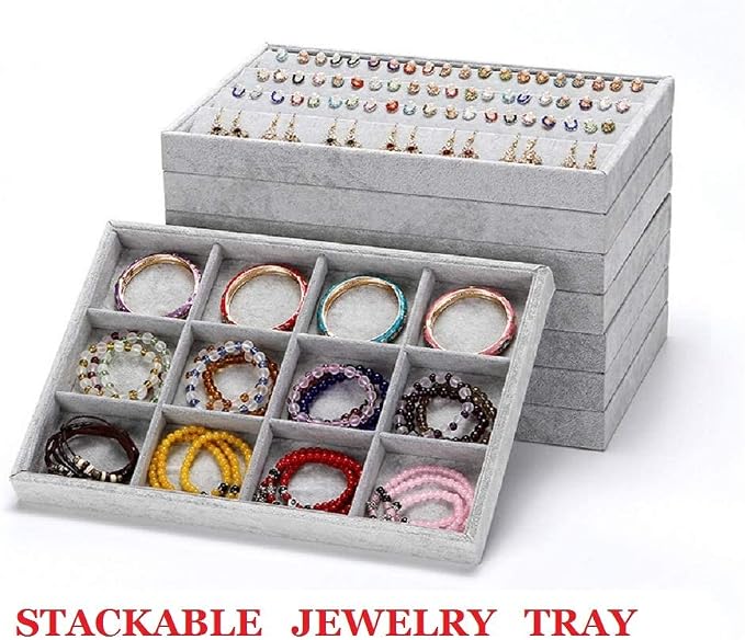 Stratalife 12 Grid Jewelry Organizer Tray, Stackable Drawer Earring Organizer with Adjustable Dividers, Jewelry Display Tray for Necklace Earring Ring Bracelet, 13.8" x 9.4" x 1.2", Grey