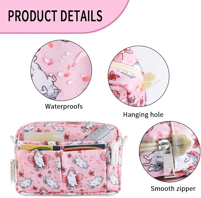 E-WEICHEN Multiple Pockets Portfolio Organizer with Zippered, Makeup Bag Travel Essentials for Women, Simple Waterproof Stationery Pencil Pouch Bag for Journal Office Art Supplies.Pink Cat