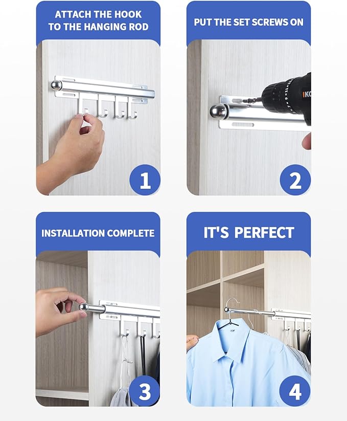 BaiNong Valet Rod for Closets Pull Out 12" Silver with 4 Hooks | Closet Valet Rod Slide Out for Closets, Laundry Rooms, RVs Space-Saving