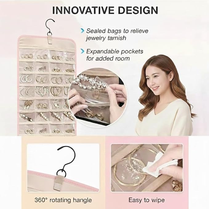Hanging Jewelry Organizer, Dual-Sided Necklace Holder with Multiple Clear Pockets - Wall Mount & Over The Door Closet Storage for Earrings, Rings, Bracelets - 360° Rotating Hanger (1, pink, XL)