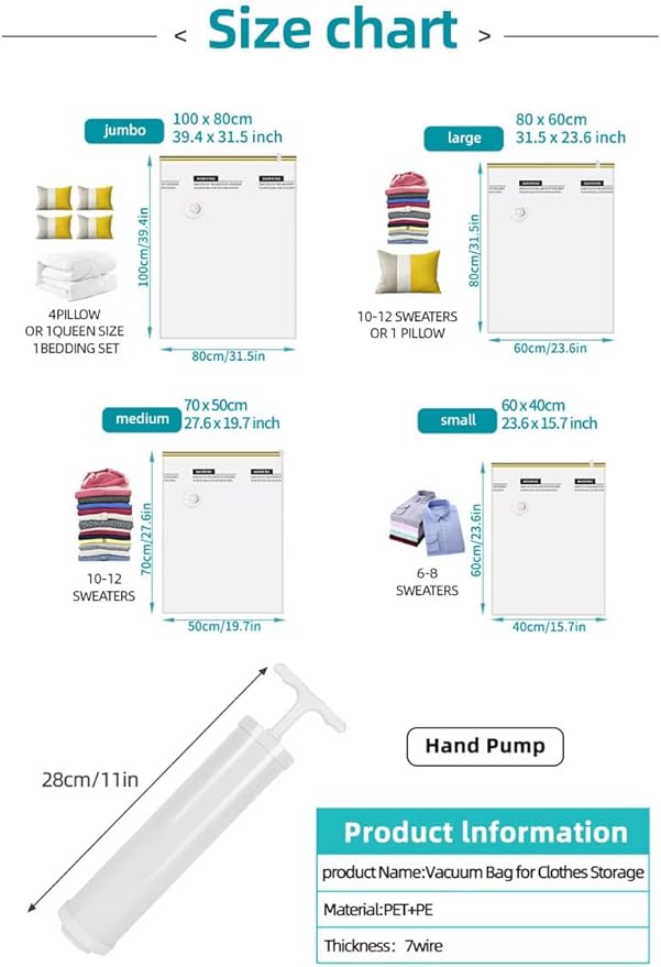 LEFAURA 12 in one pack Vacuum Storage Bags with Hand Pump, Small, Medium, Large and Jumbo size, Space Saving Compression Bags for Clothes, Bedding, Travel, Moving, 80% Storage Reduction