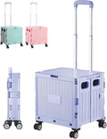 Foldable Rolling Utility Cart with Lid and Telescoping Handle, Collapsible Plastic Storage Crate with 360° Swivel Wheels, Portable Shopping Trolley for Groceries, Travel, Office, and Household Use