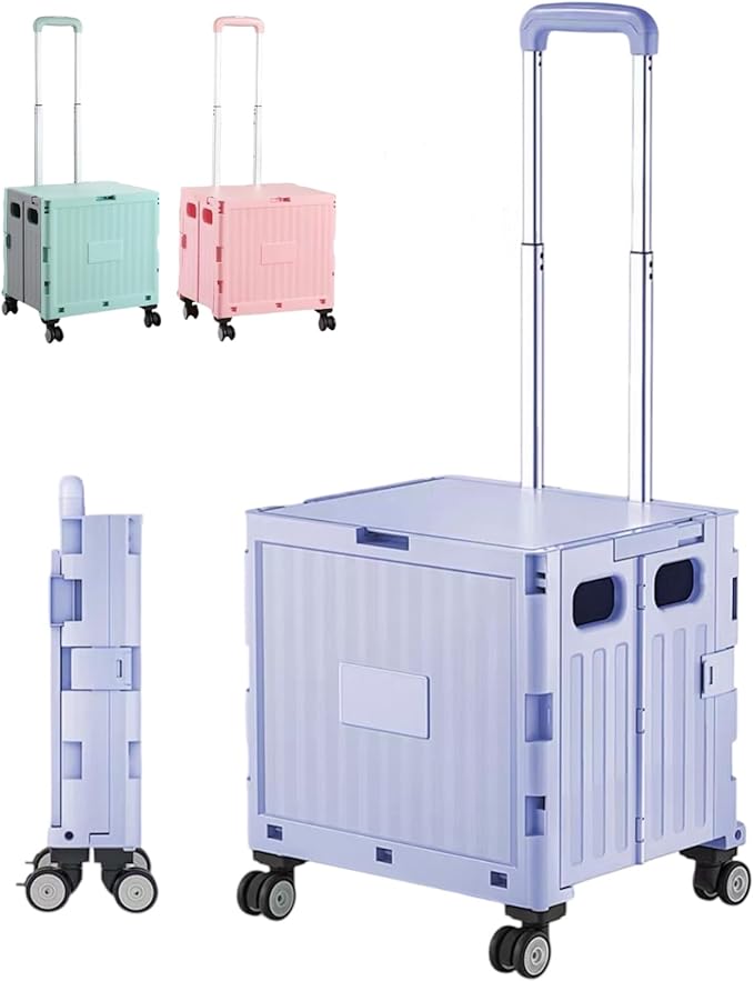 Foldable Rolling Utility Cart with Lid and Telescoping Handle, Collapsible Plastic Storage Crate with 360° Swivel Wheels, Portable Shopping Trolley for Groceries, Travel, Office, and Household Use