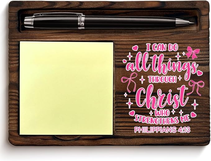 Christian Pink Bow Coquette Sticky Note Holder Bible Verse Philippians 4:13 Post It Note Dispenser for Office Home Desk Decor, Christian Religious Gifts for Women Girls Sister Friends Coworker