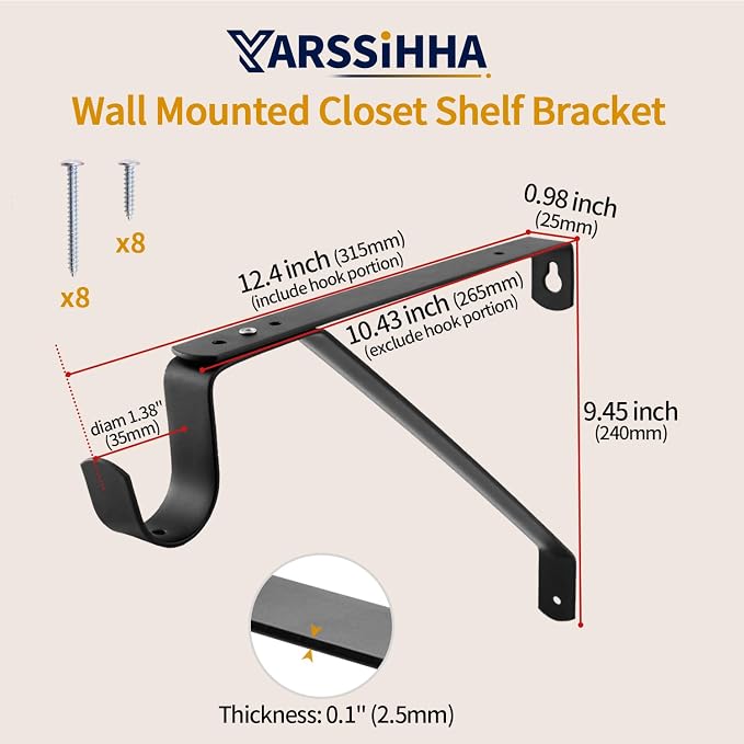 Yarssihha 4 Pack Adjustable Closet Rod Bracket, Wall Mounted Closet Shelf Bracket, Black Closet Rod Support Bracket with Screws