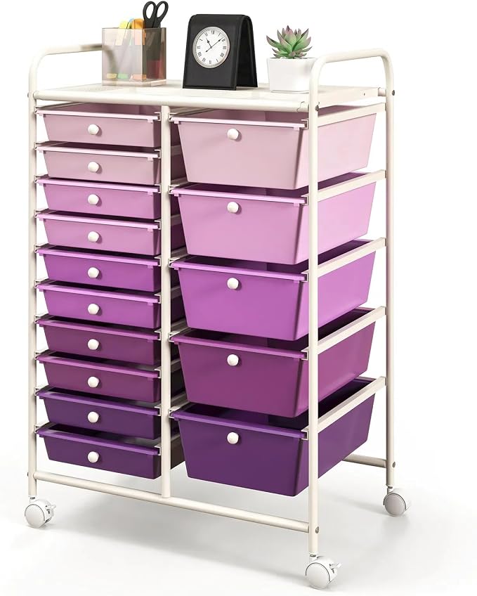 DREAMADE Rolling Cart with 15 Drawers, Rolling Drawer Organizer Cart w/Lockable Wheels, Removable & 2-Sized Storage Drawers, Art Cart for School Home Art Supplies Crafts File Scrapbook