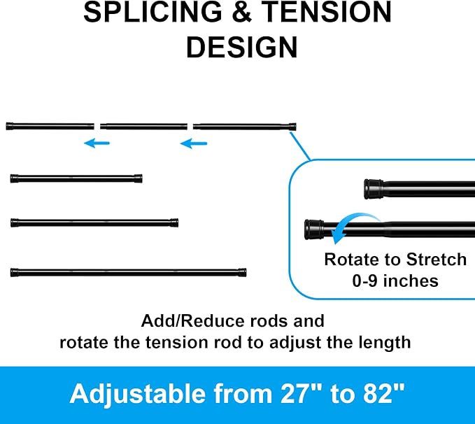 Tension Curtain Rods 27-82 Inch, 1"Diameter | Shower Curtain Rod Spring Long Adjustable for Bathroom Windows Closet No Drilling No Rust, Black