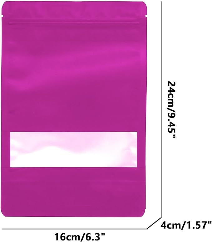 100PCS Foil Pouch Mylar Bags with Clear Window,ULIFESTAR Stand Up Sealable Bags with Tear Notches,Resealable for Food,Party Favors,Gift Packaging and Small Business(16 * 24cm/6.3 * 9.45",Purple)