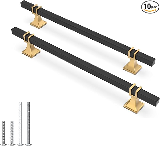 10 Pack 7-1/2 inch(192mm) Black and Gold Cabinet Pulls Kitchen Cabinet Handles, Black and Gold Cabinet Handles Square Dresser Drawer Pulls Black Kitchen Cabinet Hardware