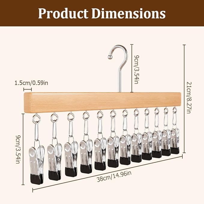 Hanging Closet Organizer with 10 Clips, Space Saving Closet Storage for Hats, Scarves, Socks, Jeans, Skirts & Pants, Multi-Purpose Clothes Hanger with Clips (2 PCS, Wood)