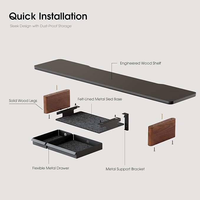 Fenge 42.5" Monitor Stand with Storage Drawers, Minimalist Monitor Riser with Solid Ash Legs and Cable Management, Wooden Desk Shelf for Home Office Workspaces, Black
