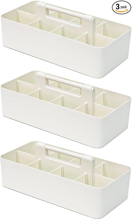 -Large Portable Caddy, DIY Dividers, 8 Compartments, Bathroom Organizer,Portable Basket with Handle Storage Organizer Modern Made in USA (3 PACK, Ivory)