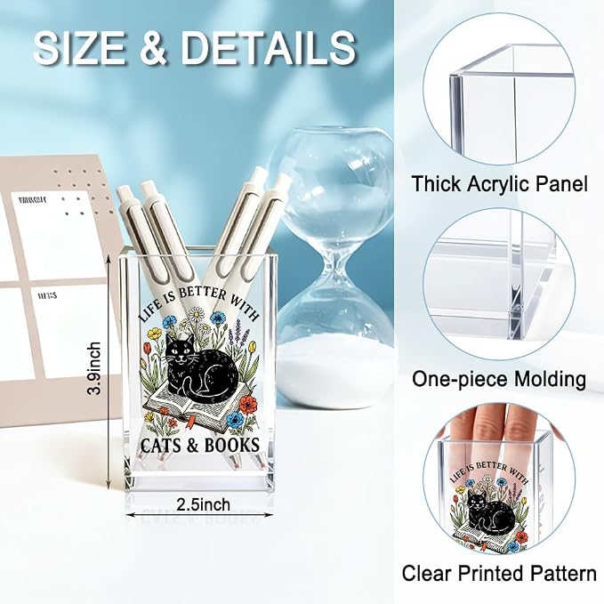 Life Is Better With Cats & Books Acrylic Pencil Holder Cup, Funny Floral Cat Books Desk Organizer for Book Lover Bookish Bookworm Reader, Pet Lover Gifts for Mom Sister BFF, Pencil Cup for Desk