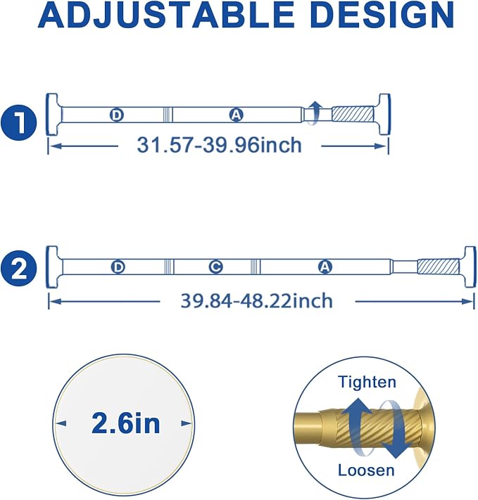 Tension Curtain Rod 32-48Inch Gold Shower Rod Tension Rod Adjustable Curtain Rods no Drilling Curtain Rods for Windows,Closets,Doorway